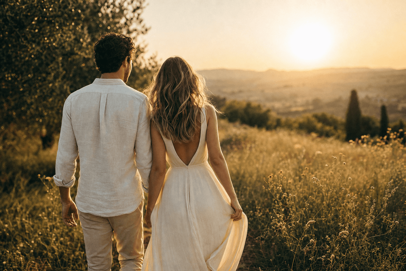 Two people sharing a quiet golden-hour moment outdoors