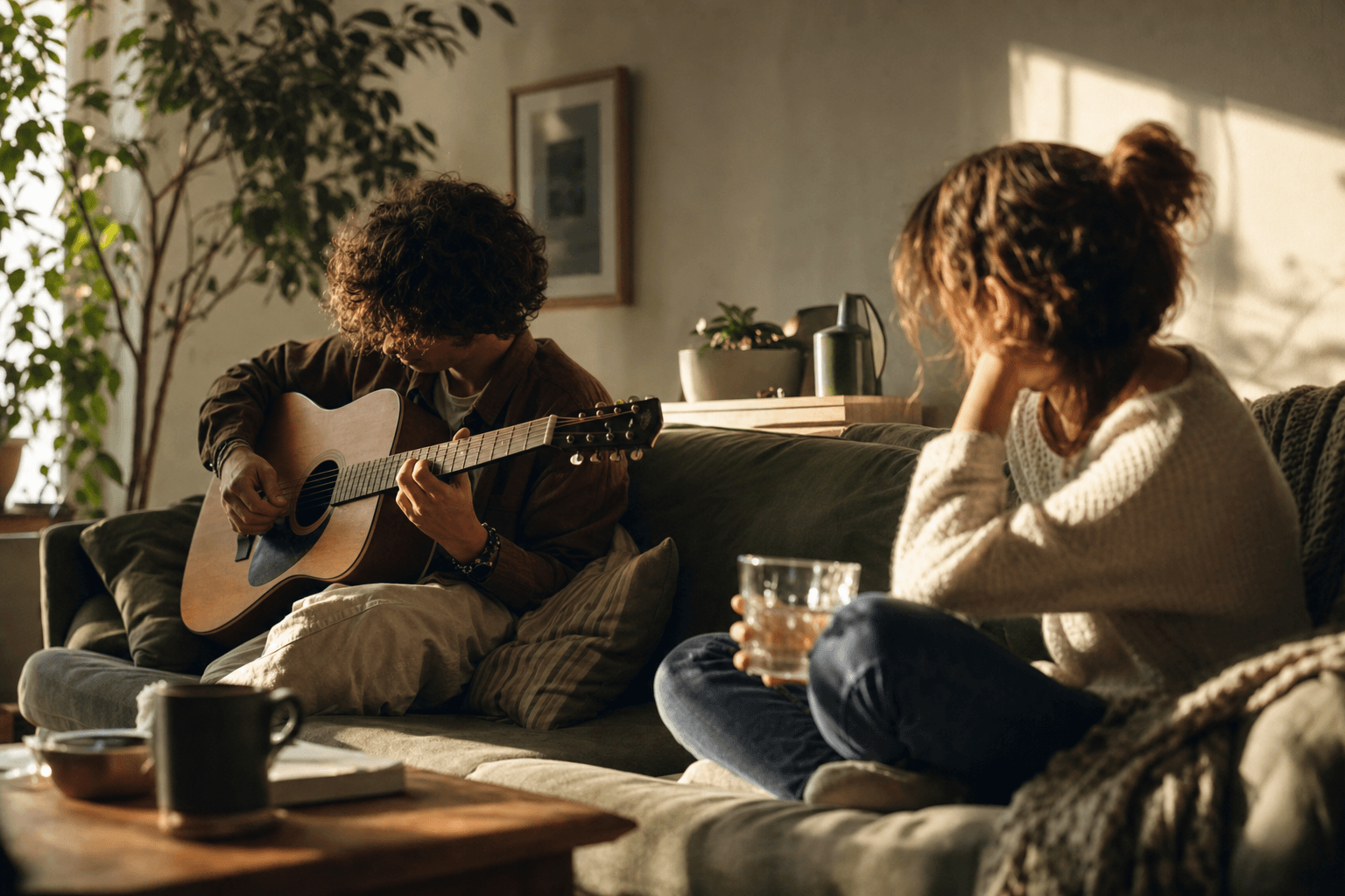 Two people sharing a quiet afternoon with music